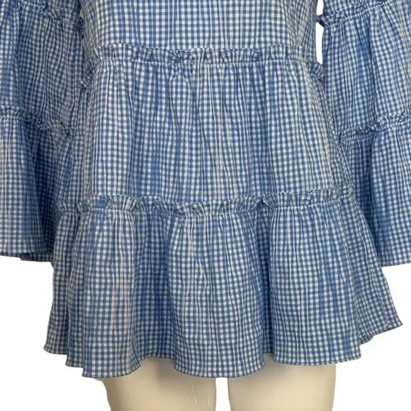 Sara Campbell Ruffle Tiered Tunic Top Blouse S Blue Gingham Bell Sleeve - Picture 11 of 14
